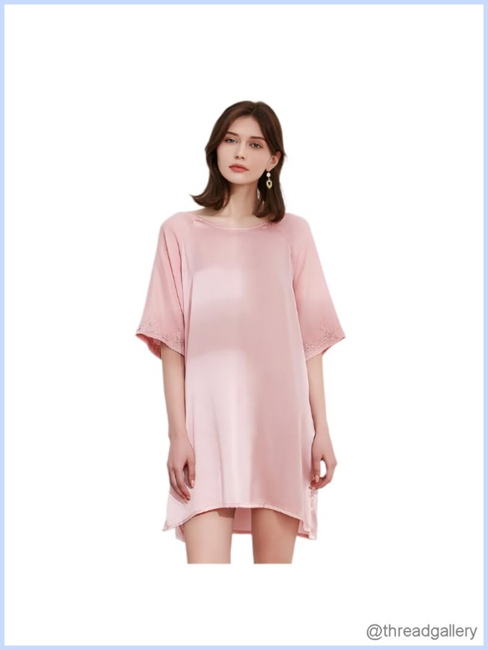 100% Silk Nightgown Short Sleeve Lace Sleep Shirt Casual Night Dress